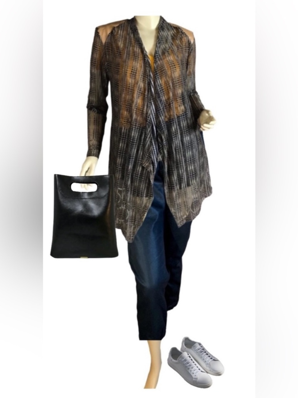 PATCHINGTON BLACK AND TAN MESH WATERFALL CARDIGAN (M)